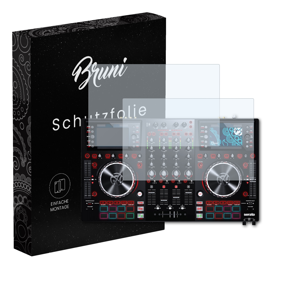 Schwarze Box mit 'Bruni Schutzfolie' und Displayschutzfolie über einem DJ-Controller.