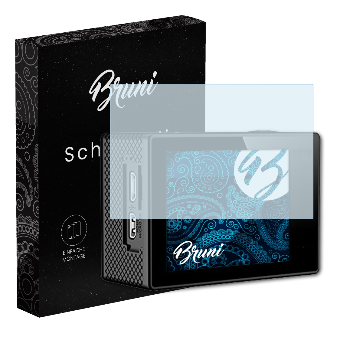 Kamera mit Displayschutzfolie, Schachtel mit Text 'Bruni Schutzfolie'.