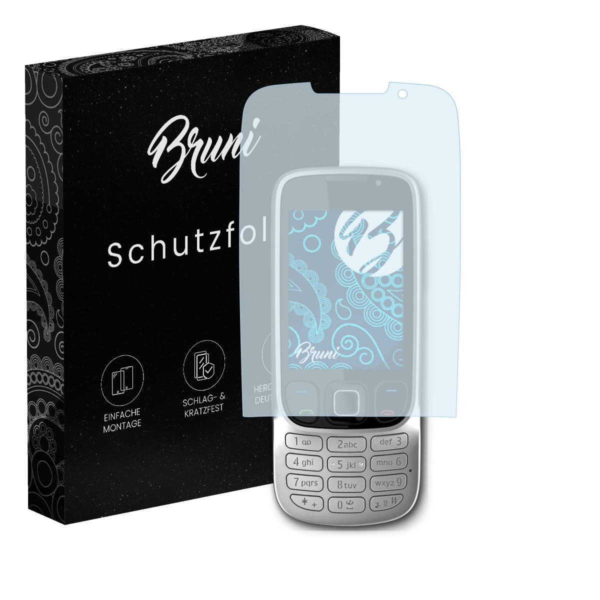 Silbernes Telefon mit Displayschutz, Bruni-Box. Bildschirm mit blauem Design. Hat eine Tastatur.
