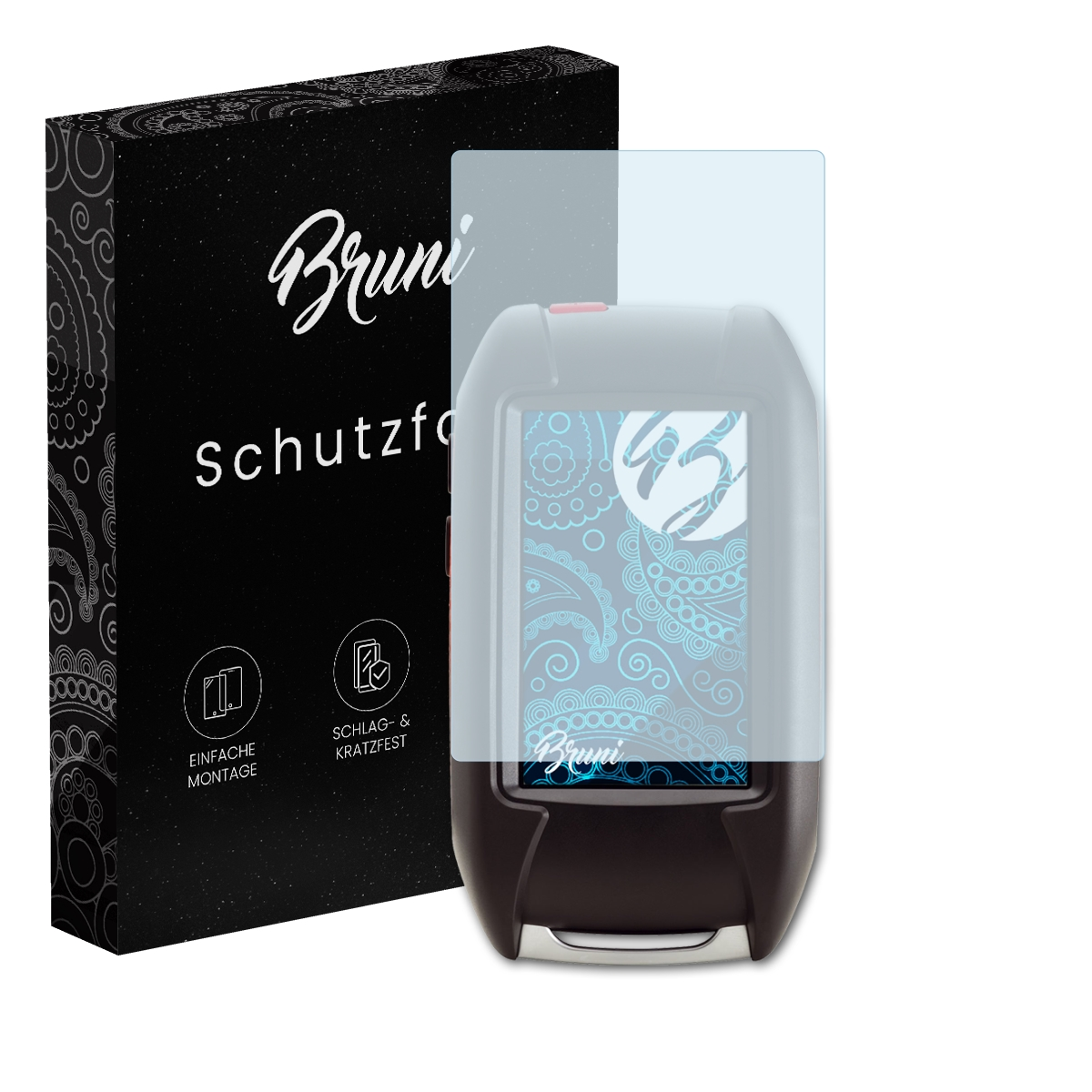 Ein Displayschutz und eine Box. Die Box ist schwarz mit weißem Text, der Schutz ist transparent.