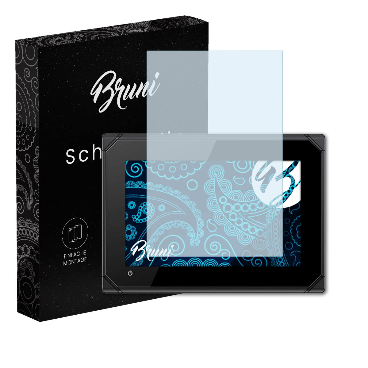 Ein Tablet mit Displayschutzfolie. Neben einer schwarzen Box mit Text und Symbolen.