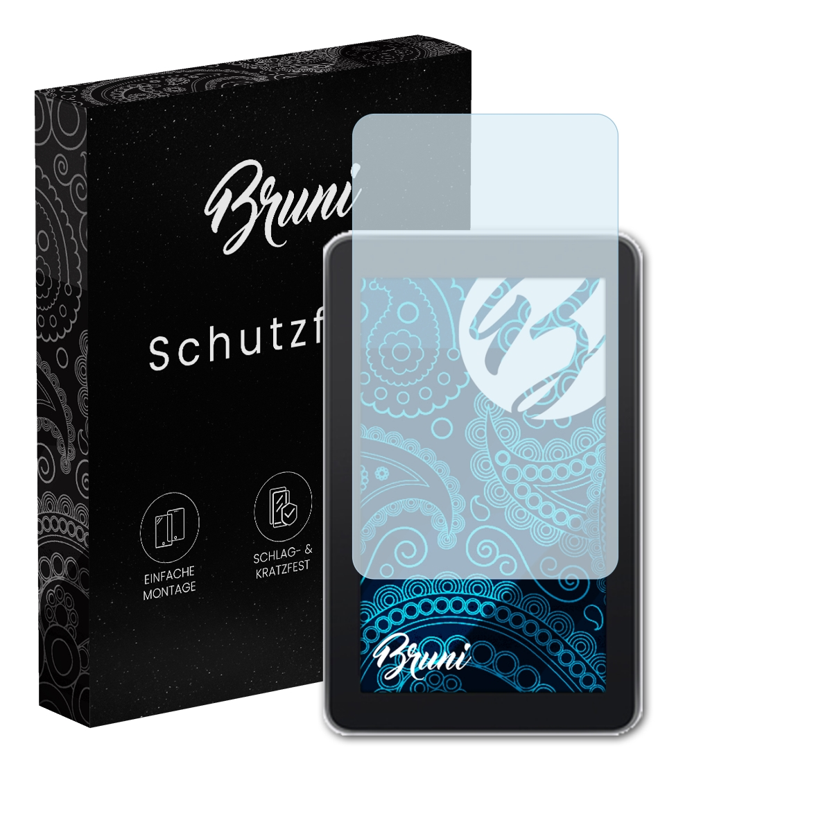 Ein Telefon mit Displayschutzfolie. Neben einer schwarzen Box mit Text und Symbolen.