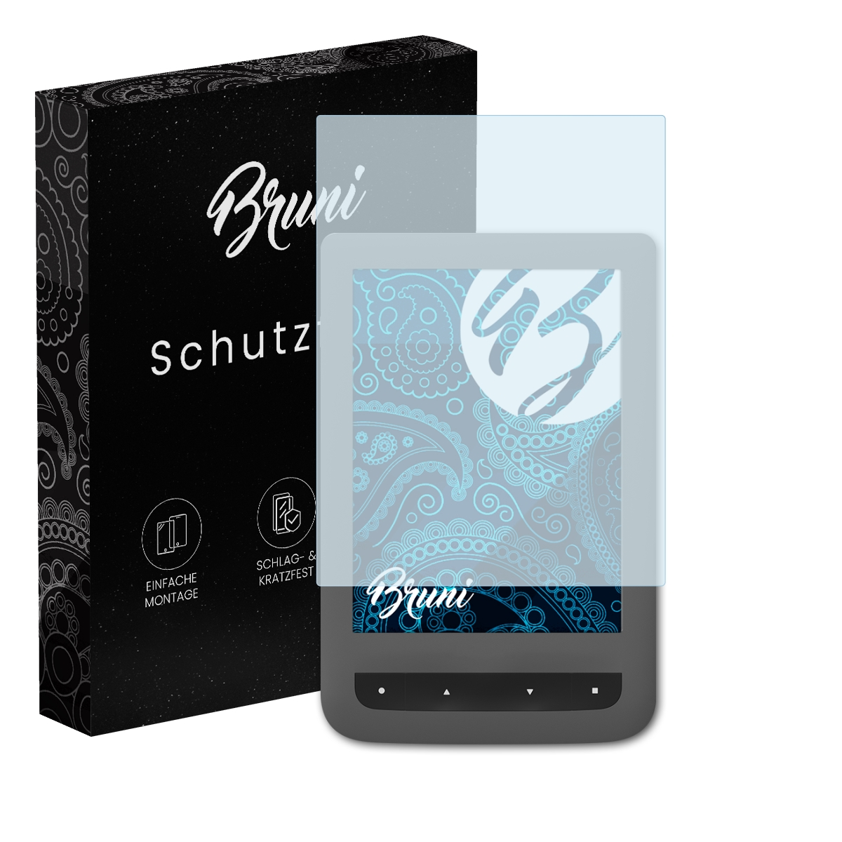 Ein E-Reader mit Displayschutzfolie neben einer schwarzen Box mit Text.