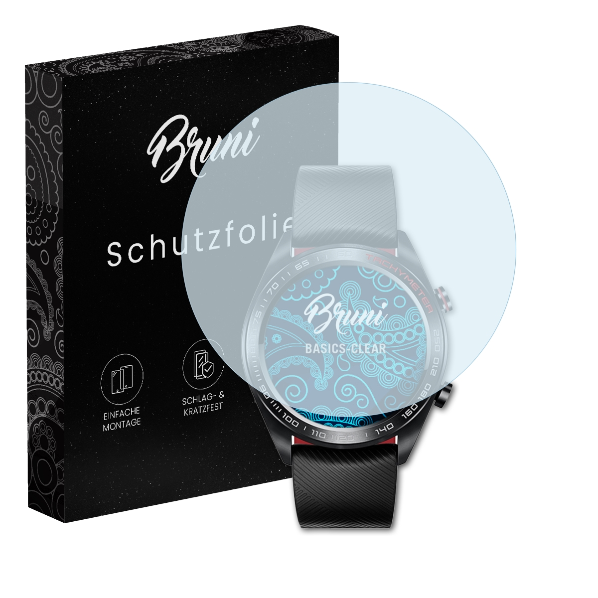 Schwarze Box mit 'Bruni' und Smartwatch mit Schutzfolie. Zifferblatt blaues Muster.