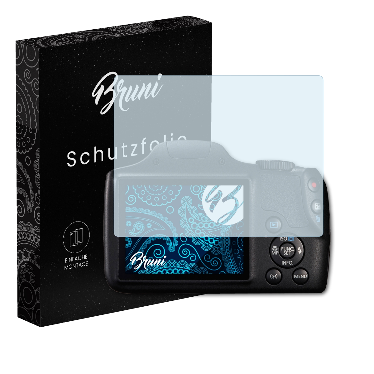 Eine Kamera mit Displayschutzfolie und einer schwarzen Schachtel mit weißem Text und Symbolen.