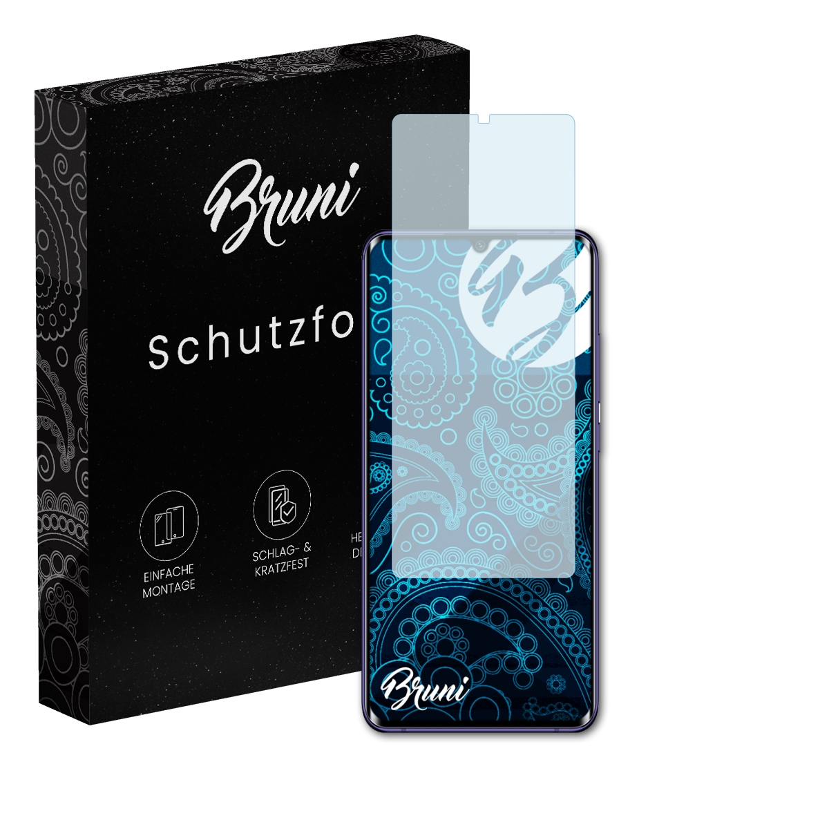 Eine schwarze Box und ein schwarzes Telefon mit Schutzfolienüberlagerung, beide auf weißem Hintergrund.