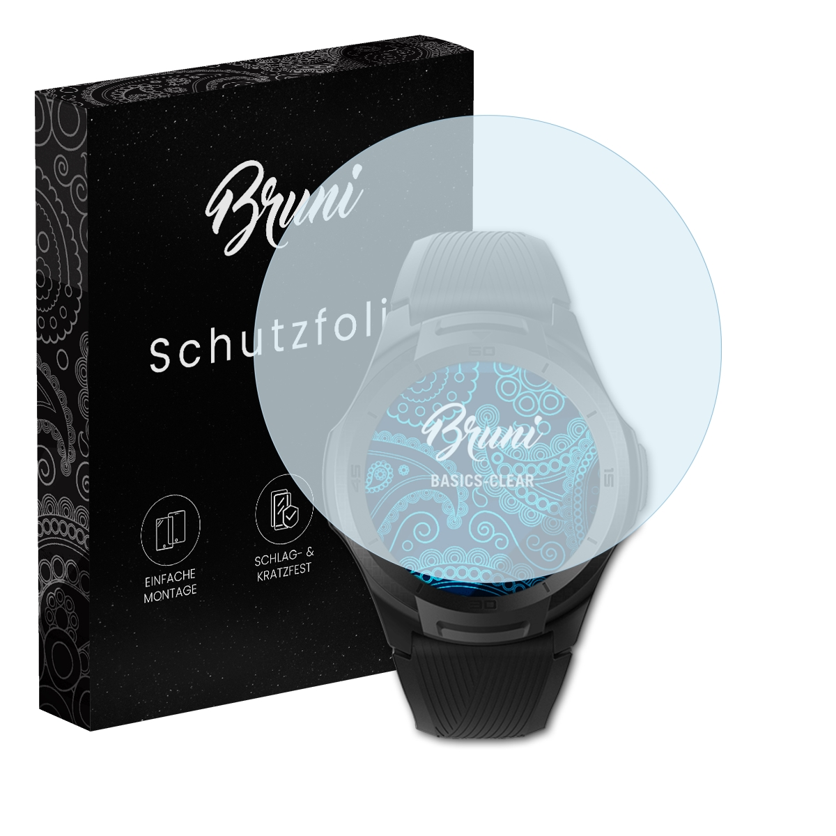 Smartwatch mit Displayschutzfolie. Box mit 'Bruni Schutzfolie' links.