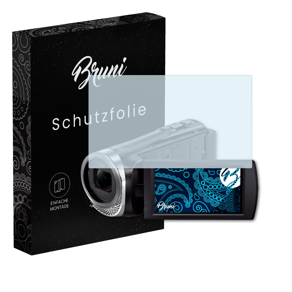 Eine Displayschutzfolie und ein Camcorder sind abgebildet. Die Box ist links.
