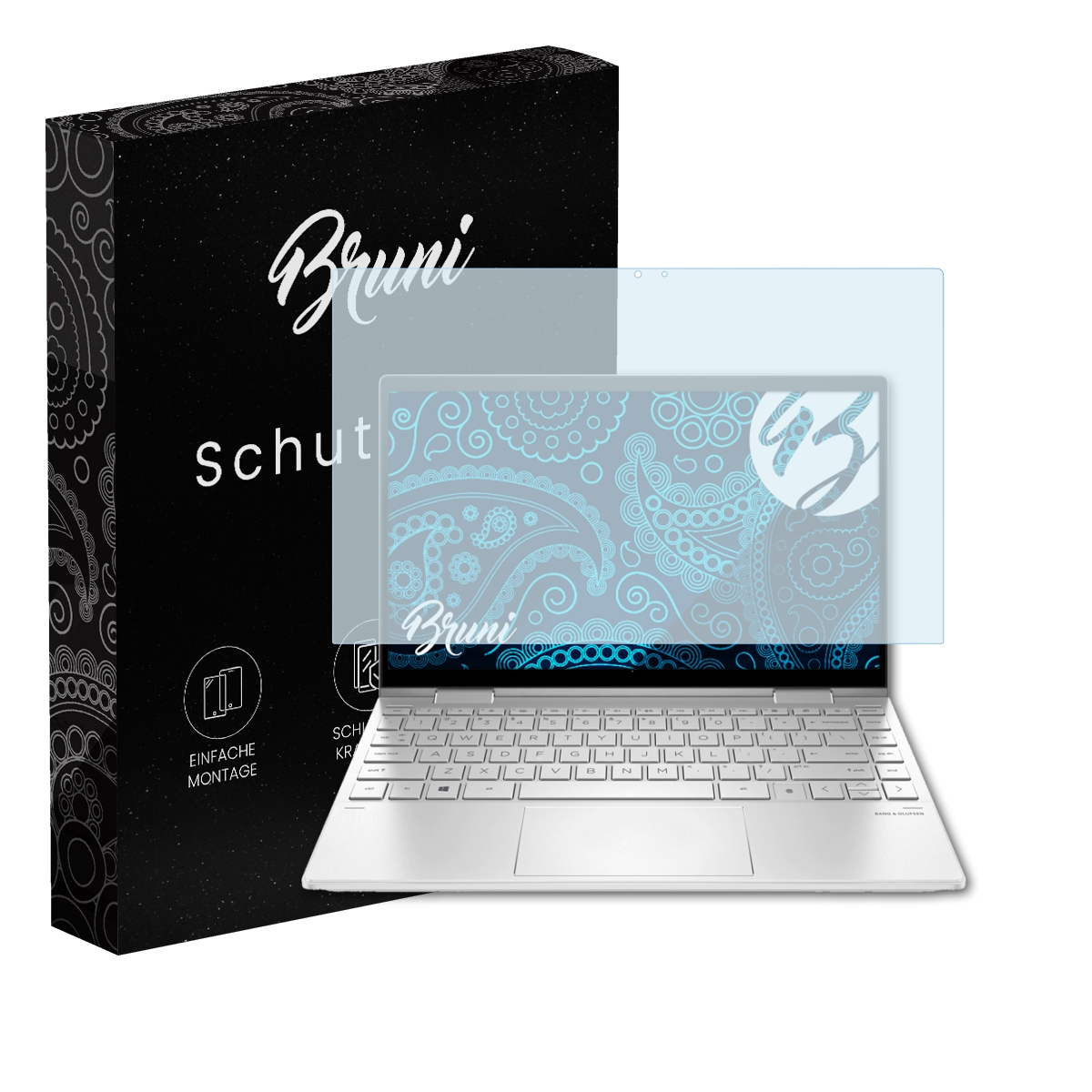 Ein Laptop mit Displayschutz und einer schwarzen Box auf der linken Seite.