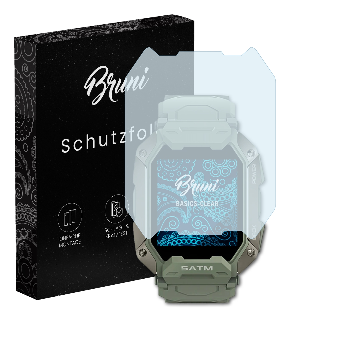 Eine Smartwatch mit Displayschutzfolie und eine schwarze Box mit Text und Symbolen.