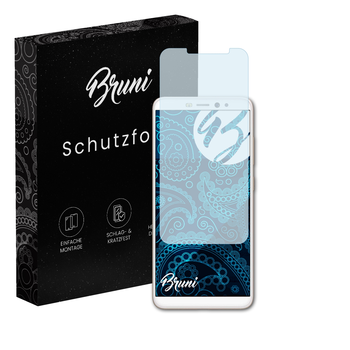 Ein Displayschutz auf einem Telefongerät mit Schutzfolie. Links ist eine Schachtel mit dem Markennamen 'Bruni'.