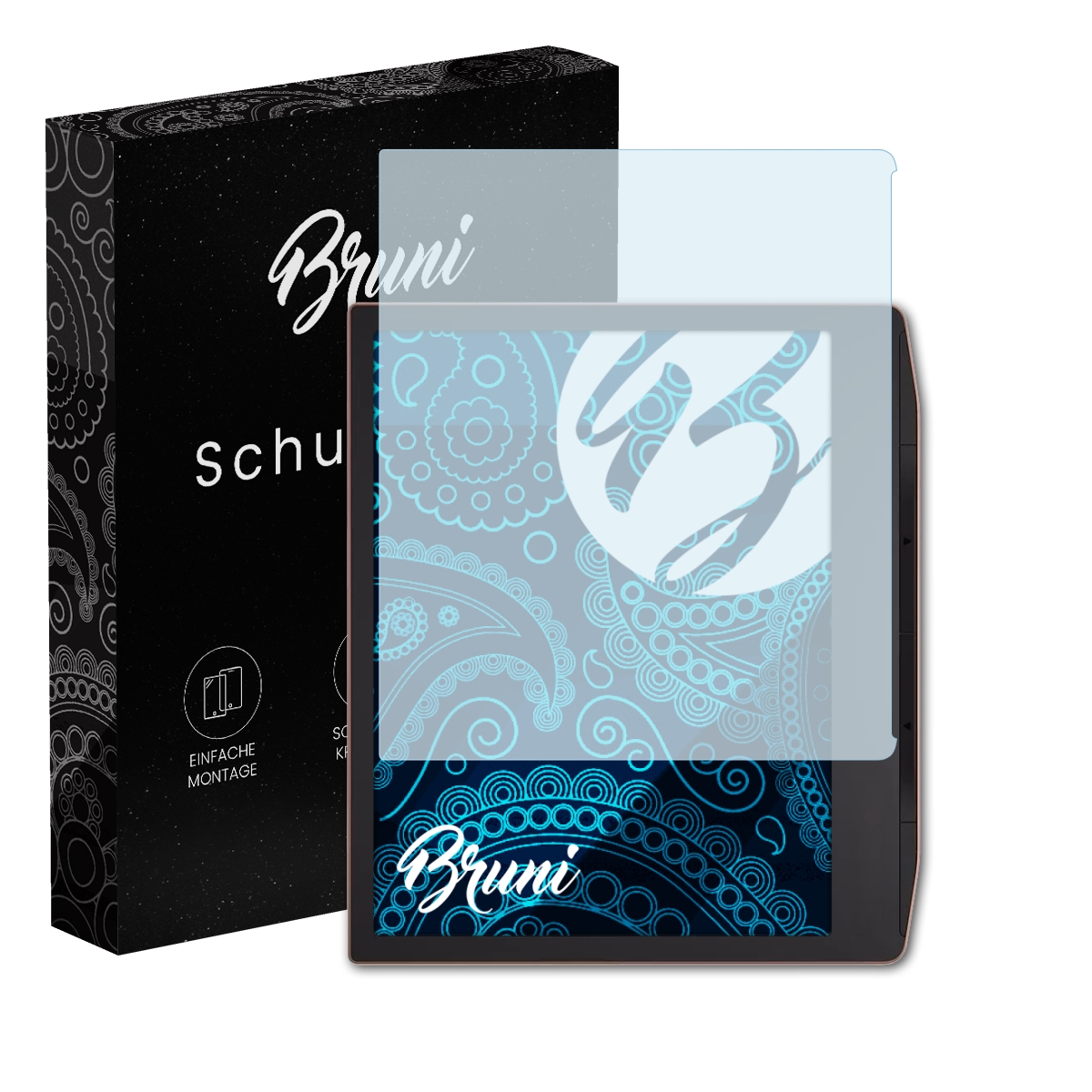 Ein Displayschutz auf einem Gerät mit Schutzfolie. Links ist eine Schachtel mit dem Markennamen 'Bruni'.