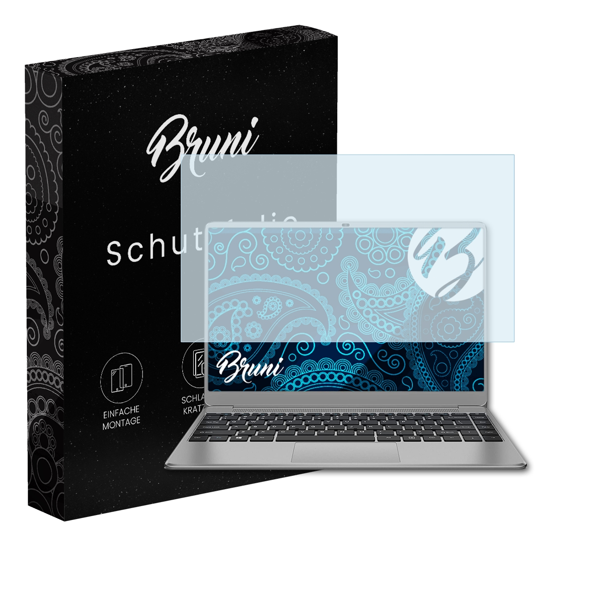 Schwarze Box, Laptop mit Displayschutz. 'Bruni' und 'Schutzfolie' Texte.