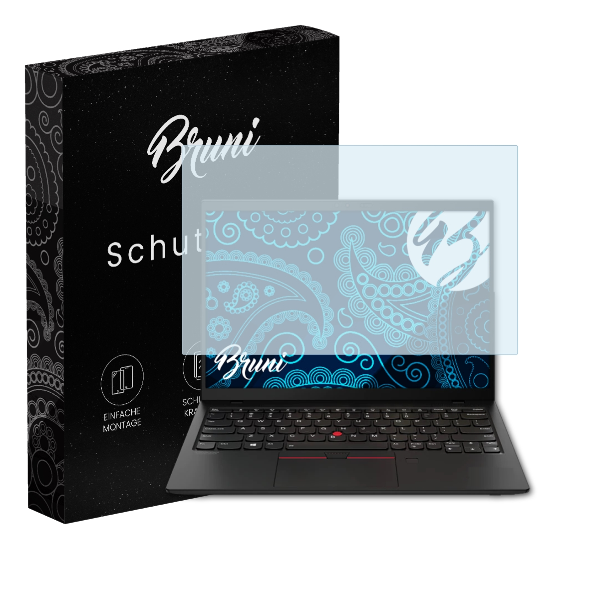 Laptop und Displayschutzfolie, in der Nähe einer schwarzen Box mit Bruni-Text.