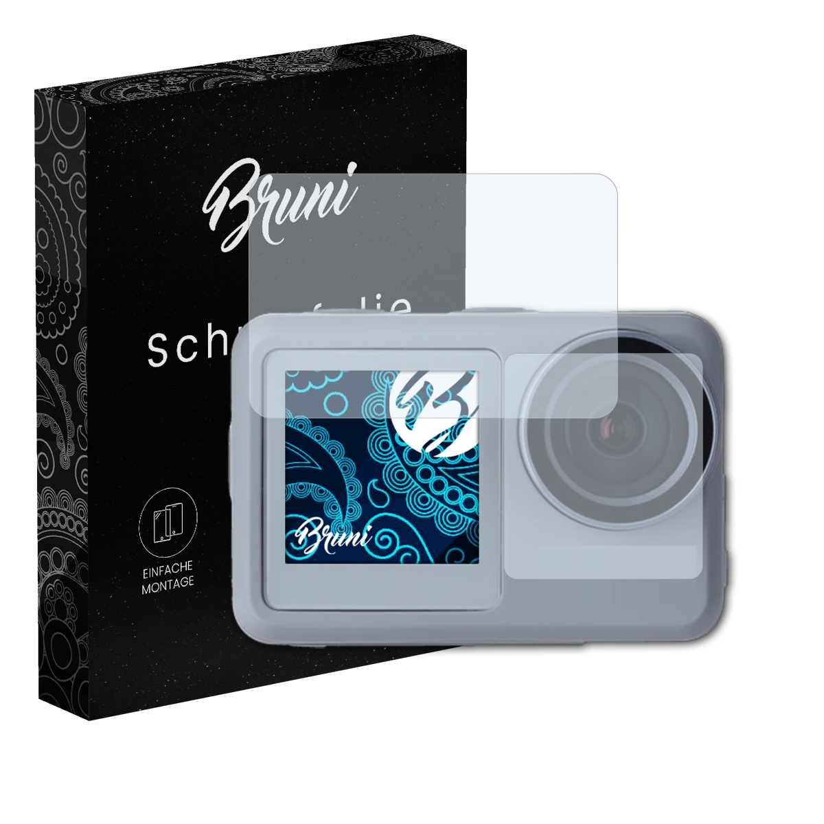 Graue Kamera mit Displayschutzfolie und Box. Bildschirm zeigt blaues Design, der Markenname ist Bruni.