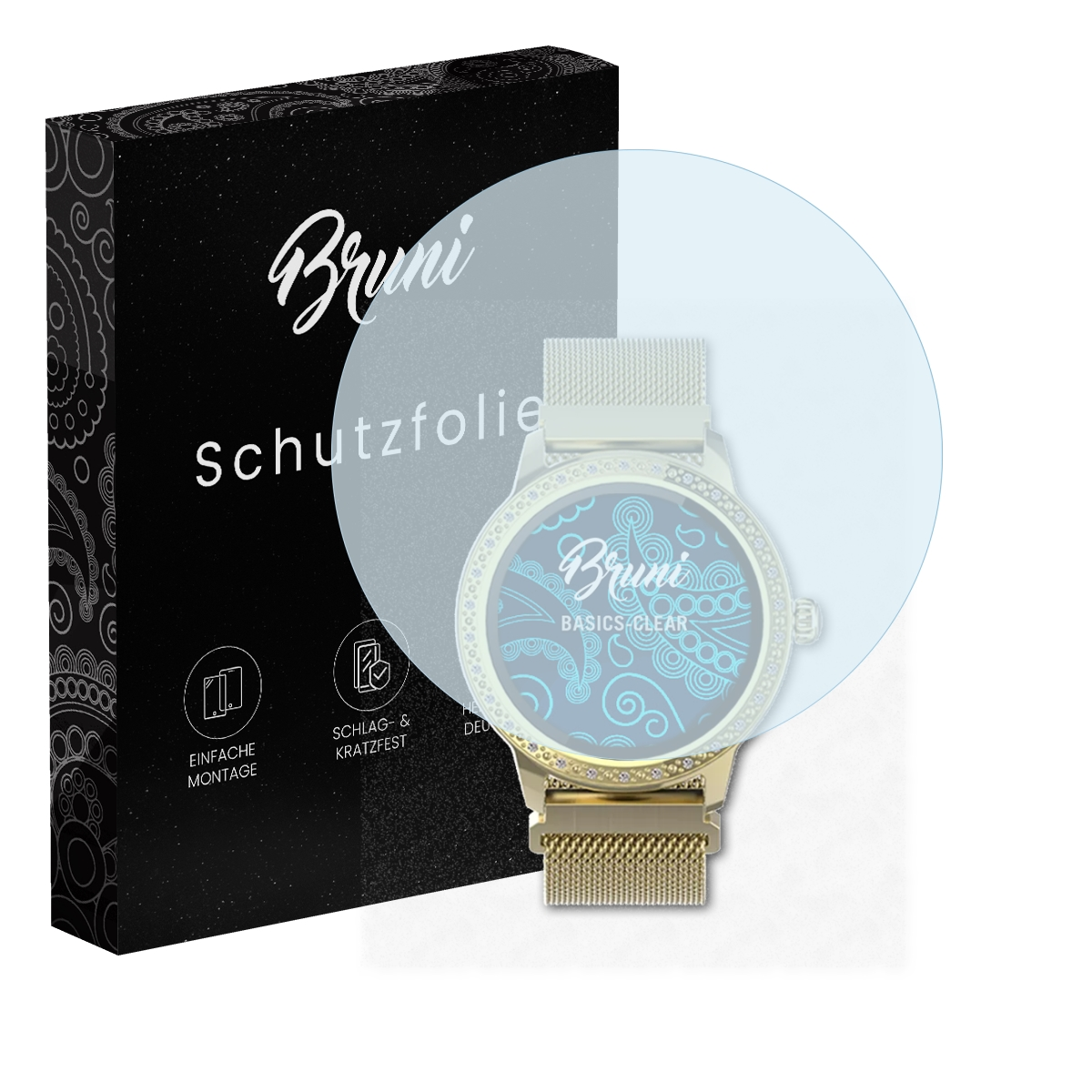 Schwarze Box und Smartwatch mit Displayschutz. Schutz auf dem Uhrenbildschirm.