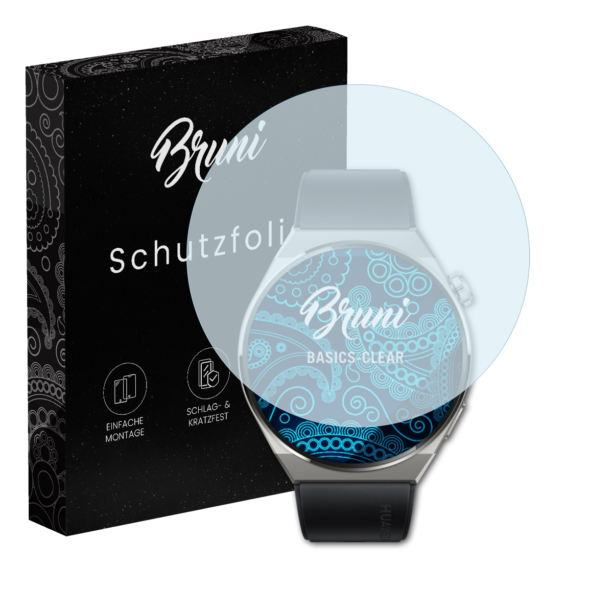 Eine Smartwatch und eine Displayschutzfolie befinden sich neben einer schwarzen Box mit weißem Text und Logos. Die Uhr ist schwarz.