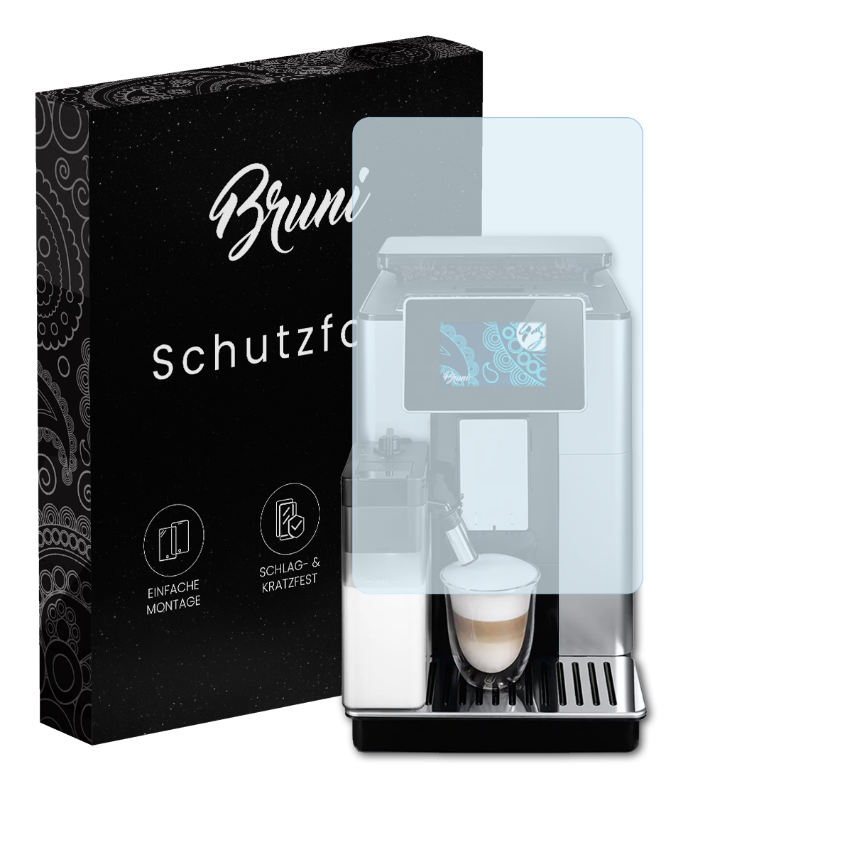 Eine Kaffeemaschine und eine Displayschutzfolie befinden sich neben einer schwarzen Box mit weißem Text und Logos.