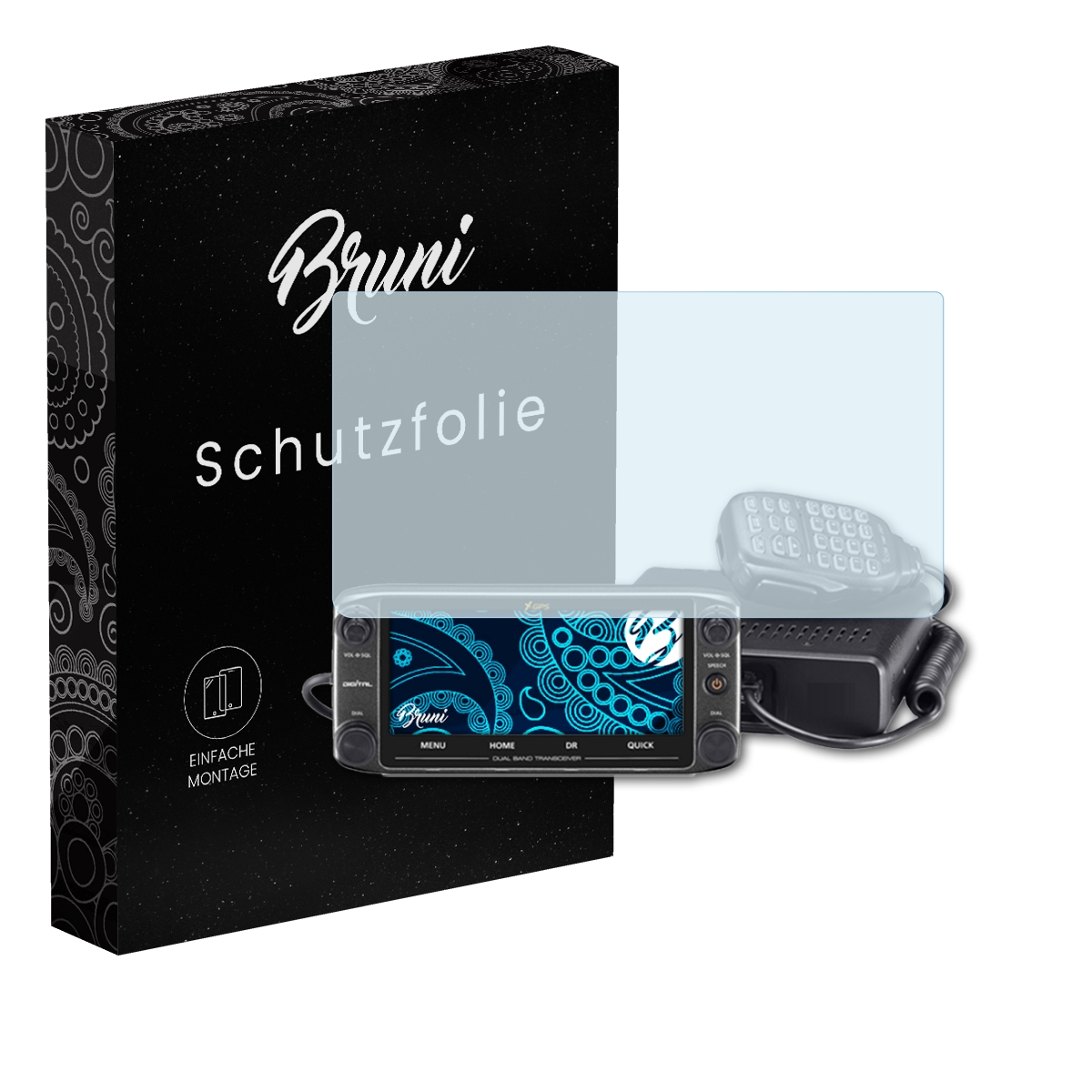 Schwarze Box mit Logo, Gerät und Displayschutz. Texte: Bruni, Schutzfolie, Einfache Montage, Kratzfest.