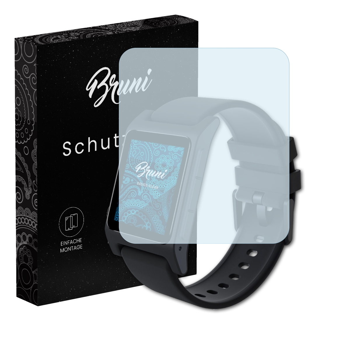 Eine Smartwatch mit einem klaren Displayschutz und einer Box mit dem Bruni-Logo.