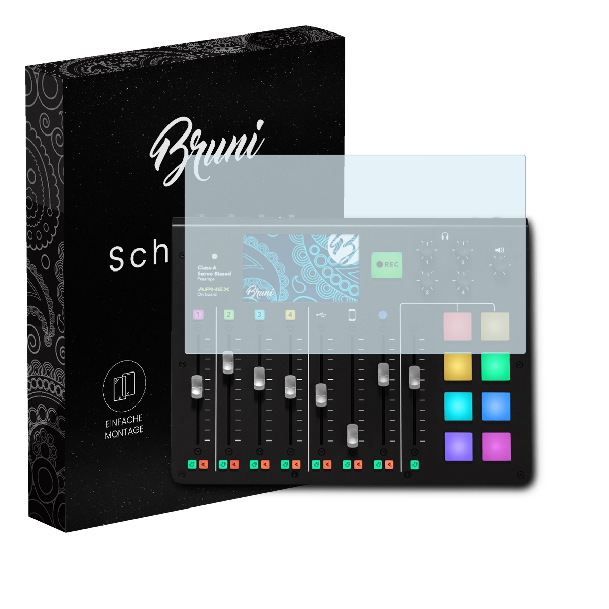 Ein schwarzer Audiomixer mit Schiebereglern, Tasten und einem Schutzbildschirm. Eine Box mit dem Markennamen steht links.
