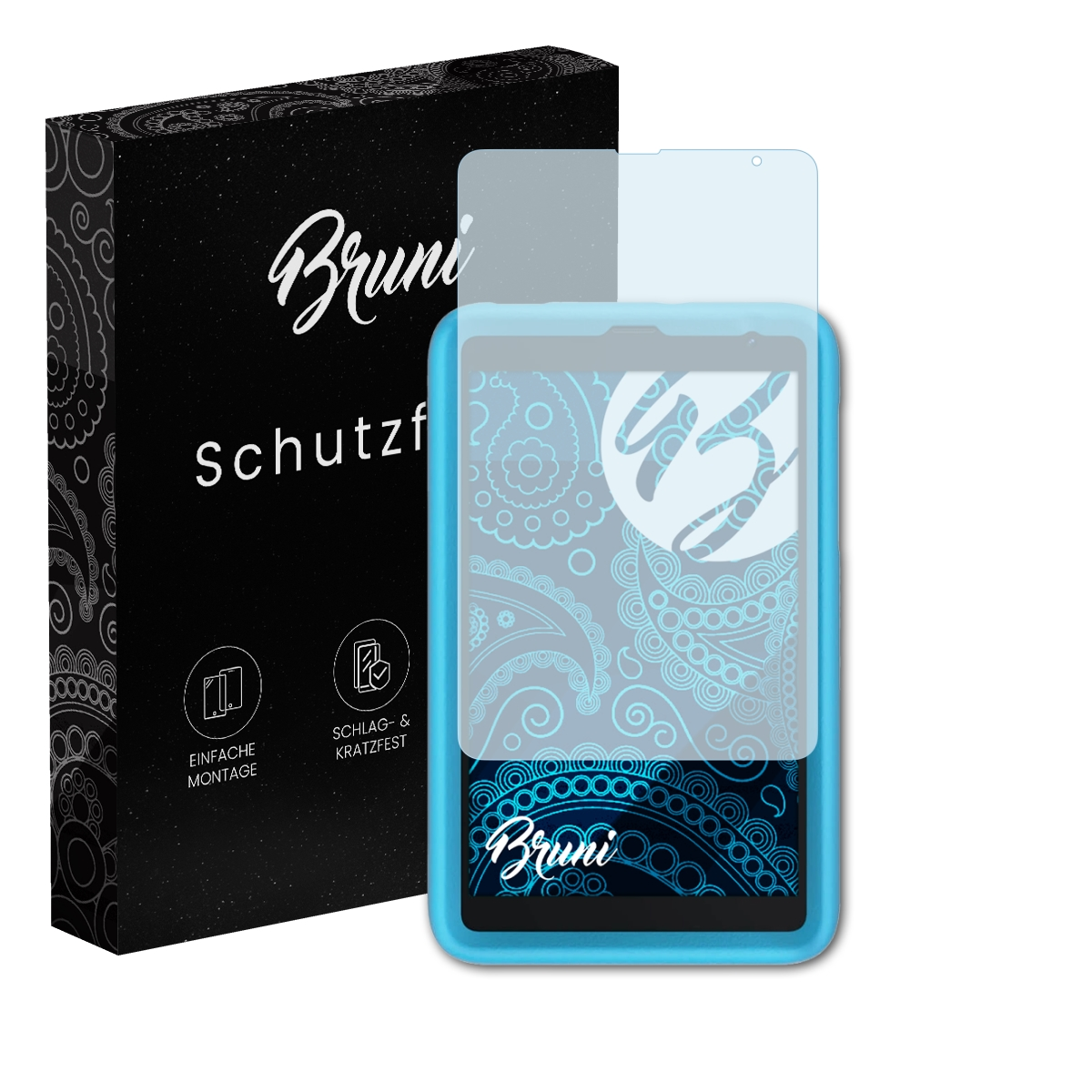 Schwarze Box mit 'Bruni'-Logo, Displayschutzfolie und Tablet mit blauem Gehäuse.