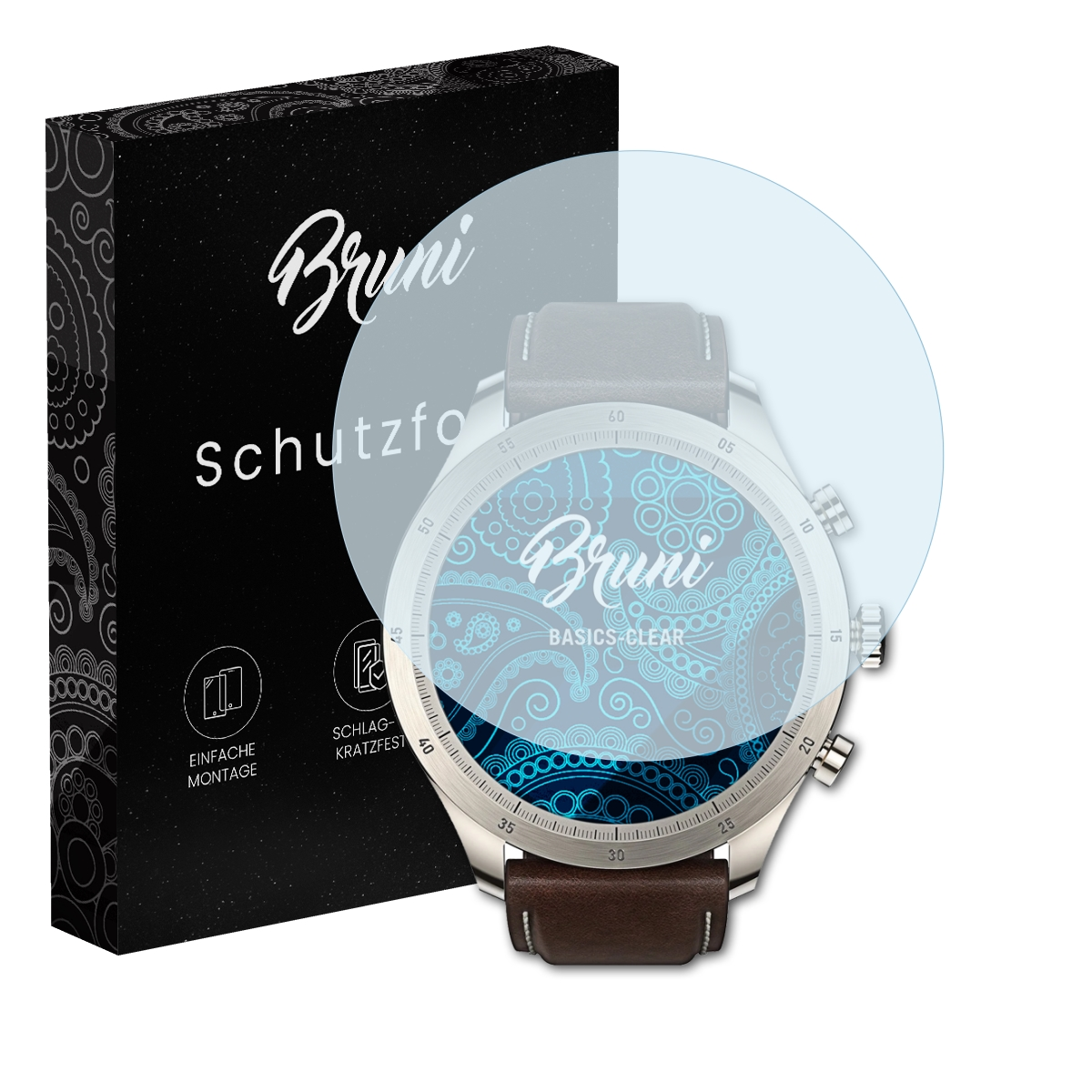 Schwarze Box mit 'Bruni'-Logo, Displayschutzfolie und Uhr mit blauem Muster.