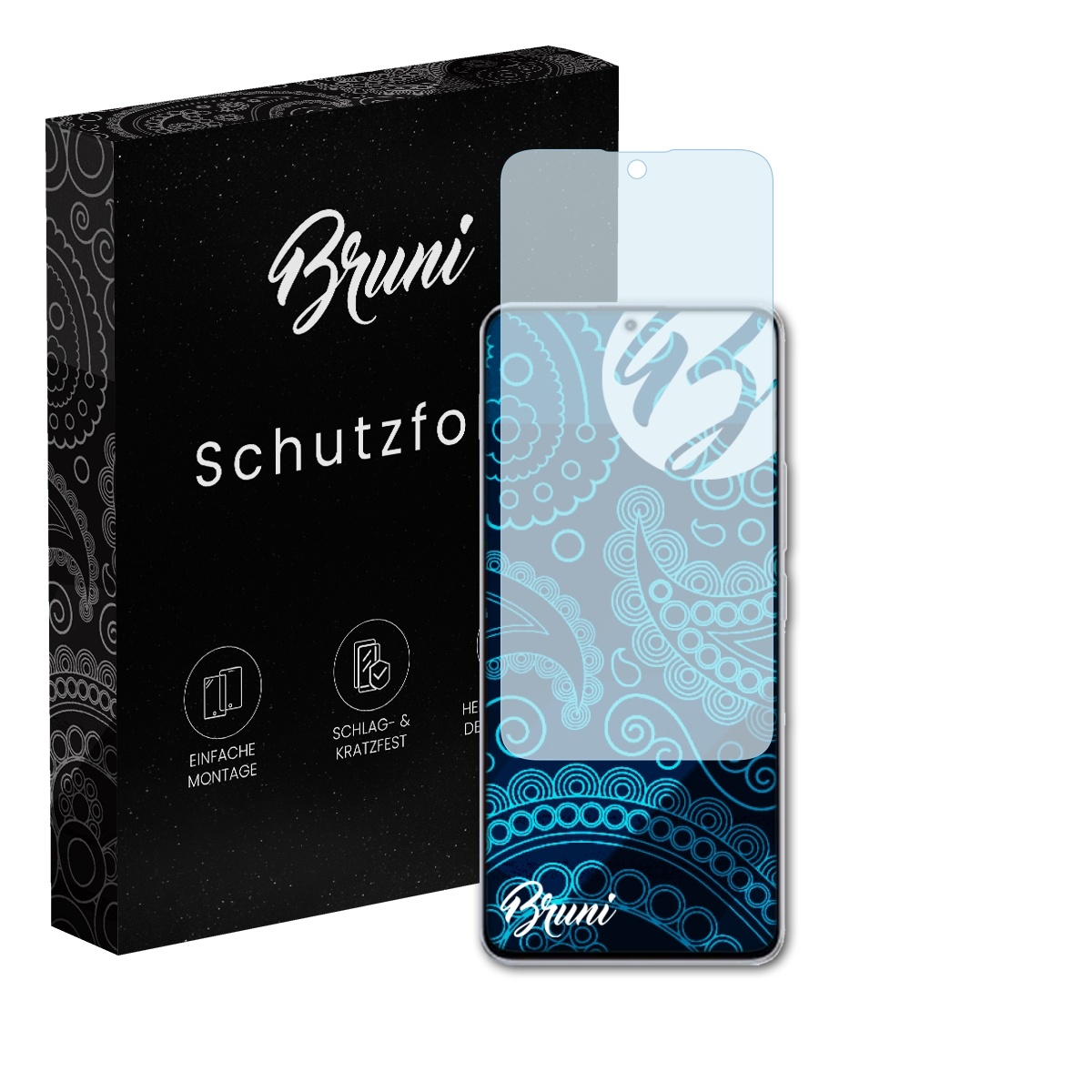 Ein Telefon mit Displayschutz. Eine schwarze Box links.