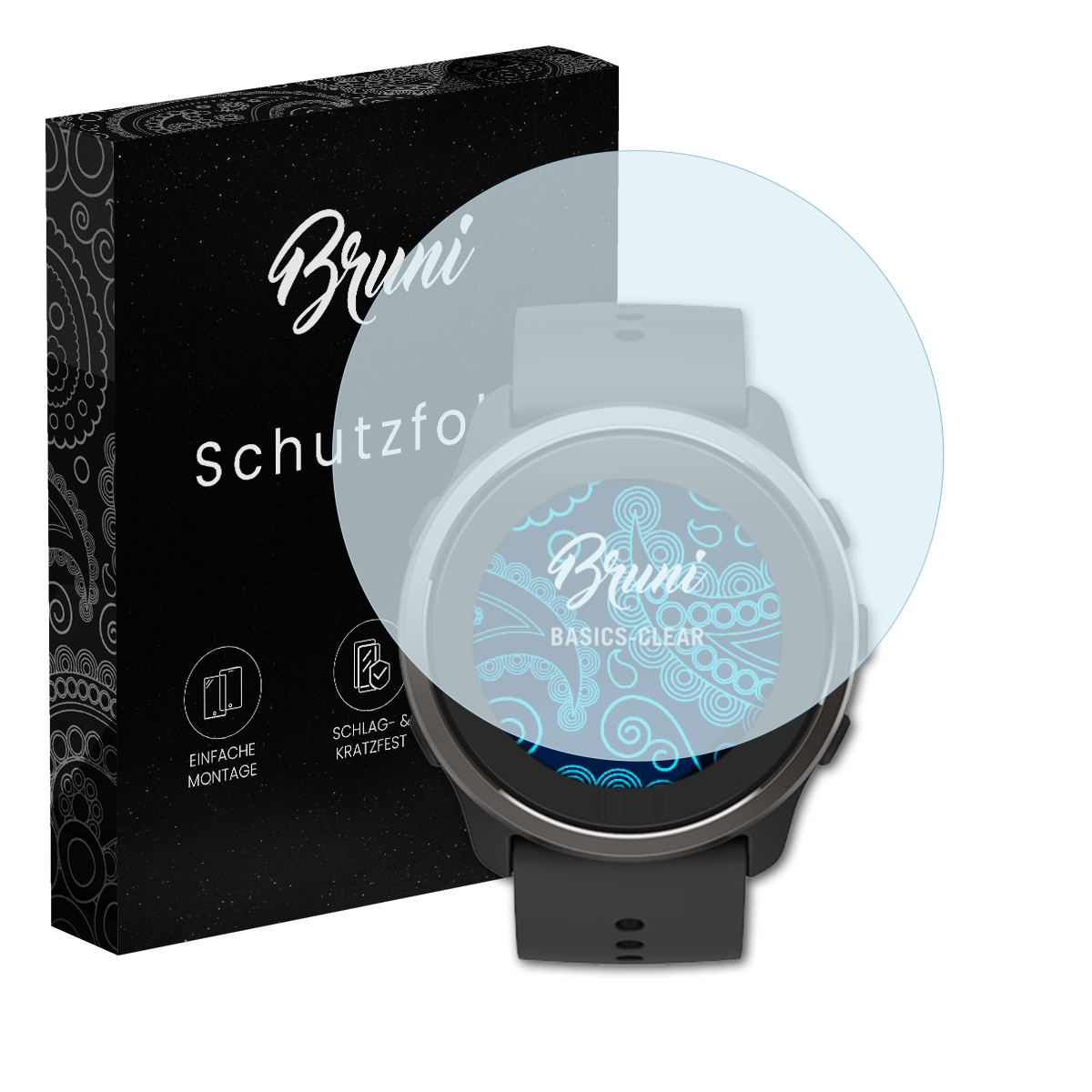 Ein Displayschutz auf einer Smartwatch. Links eine schwarze Box mit dem Namen Bruni und Schutzfolie.