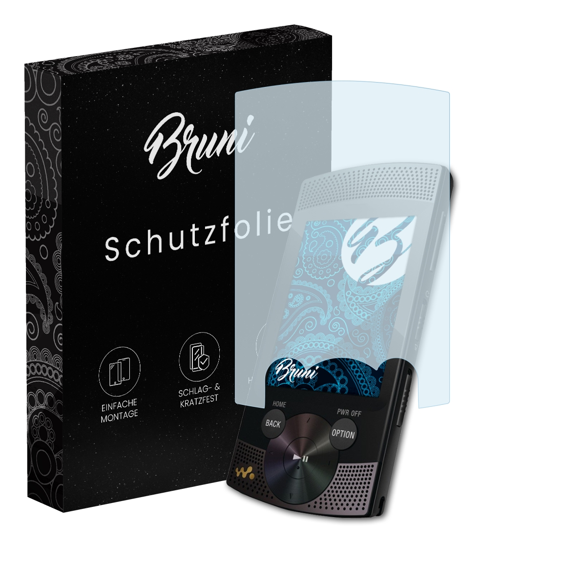 Ein Displayschutz auf einem Gerät. Links eine schwarze Box mit dem Namen Bruni und Schutzfolie.