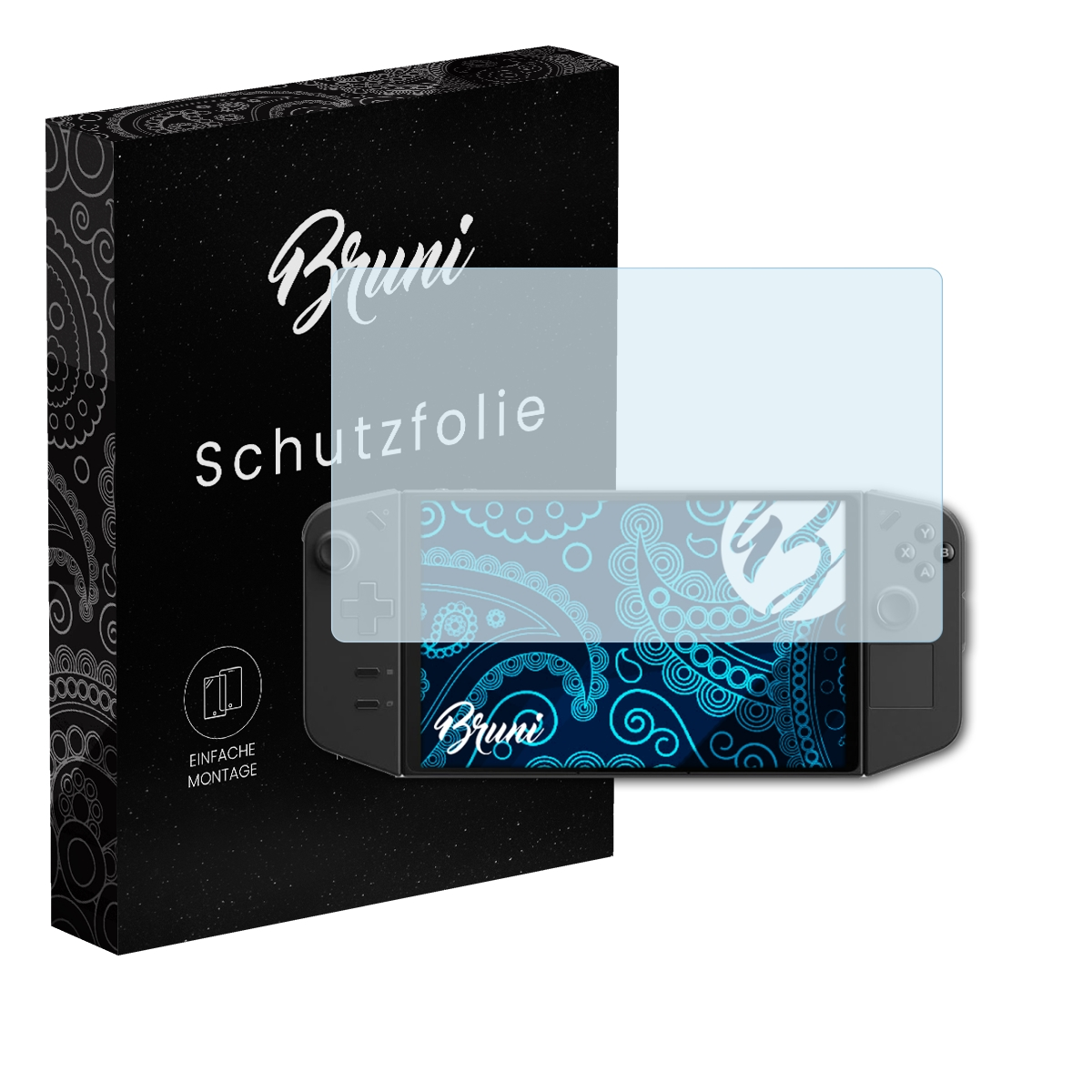 Schwarze Box mit Text und Spielekonsole mit Displayschutz. Der Bildschirm zeigt blaue Kunst.