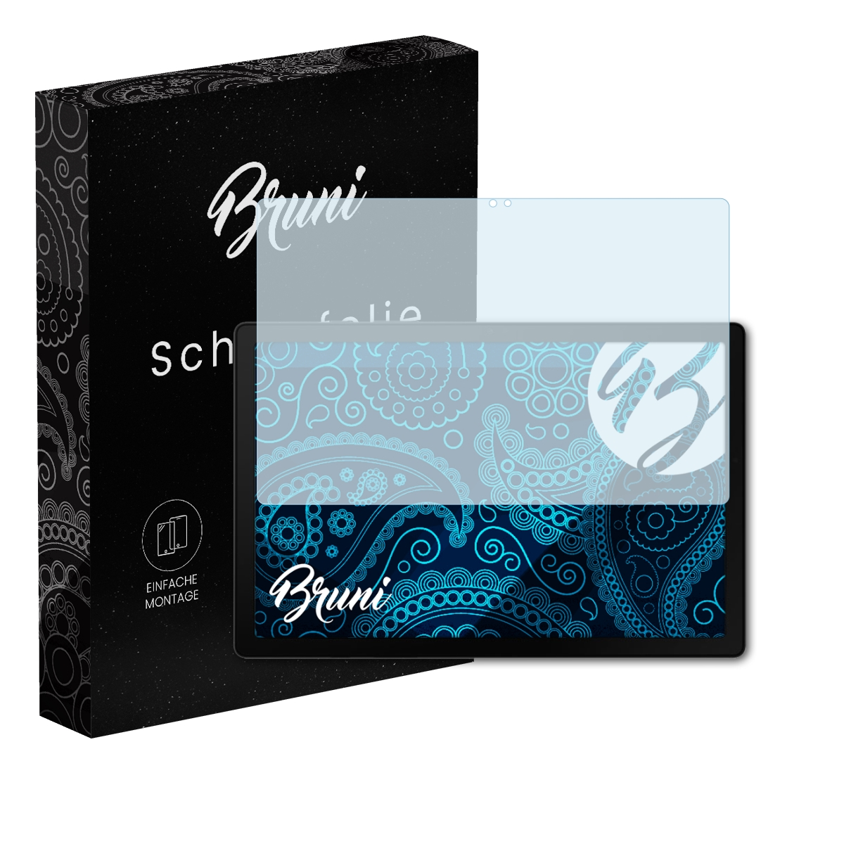 Ein Tablet mit Displayschutzfolie, eine Schachtel mit der Aufschrift 'Bruni Schutzfolie' und ein blaues Muster.