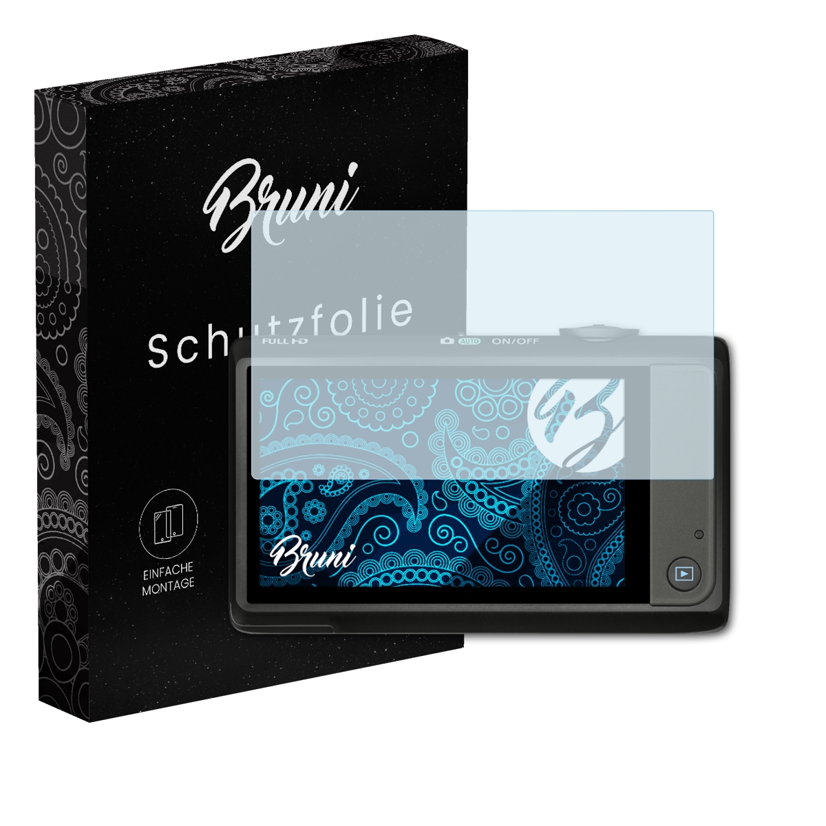 Schwarze Box mit Displayschutz und Kamera. Der Kamerabildschirm zeigt ein Design. Hergestellt in Deutschland.