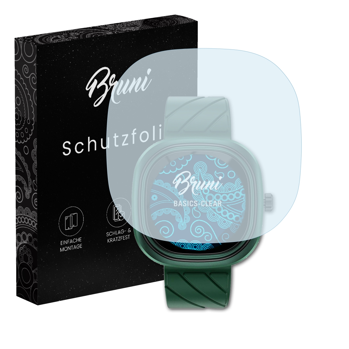Smartwatch mit Displayschutz und Verpackungsbox links. Die Box ist schwarz mit weißem Text.