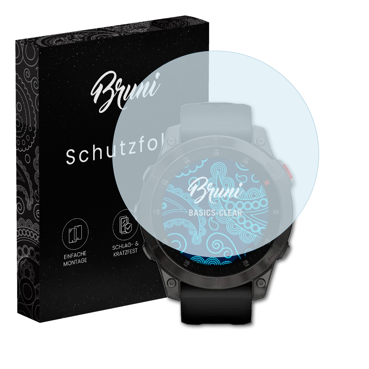 Smartwatch mit Displayschutzfolie neben einer schwarzen Schachtel. Auf der Schachtel steht 'Bruni Schutzfolie'.