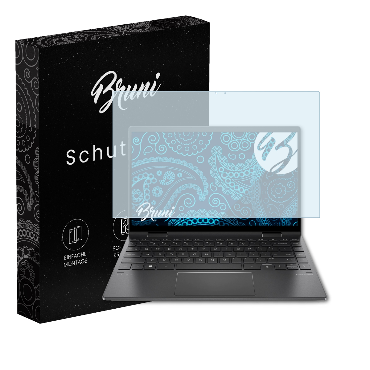 Laptop mit Displayschutz, Box links. Bildschirm hat blaues Blumendesign. Schutz ist klar.