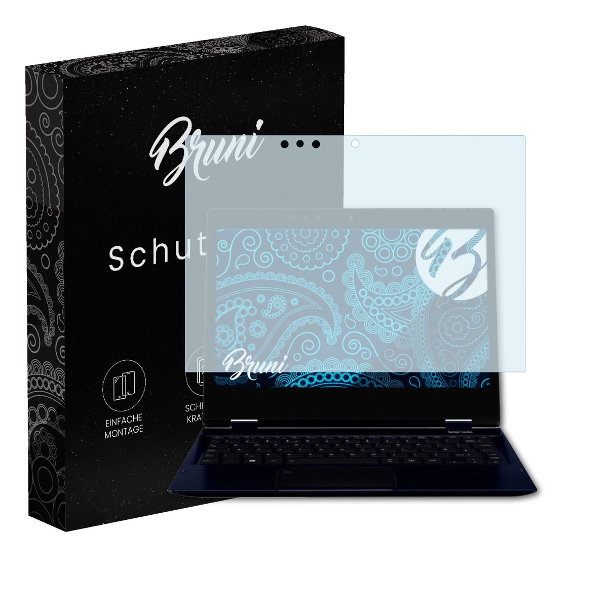 Ein Laptop und ein Displayschutz sind abgebildet. Links ist eine Schachtel mit dem Text 'Bruni Schutzfolie'.