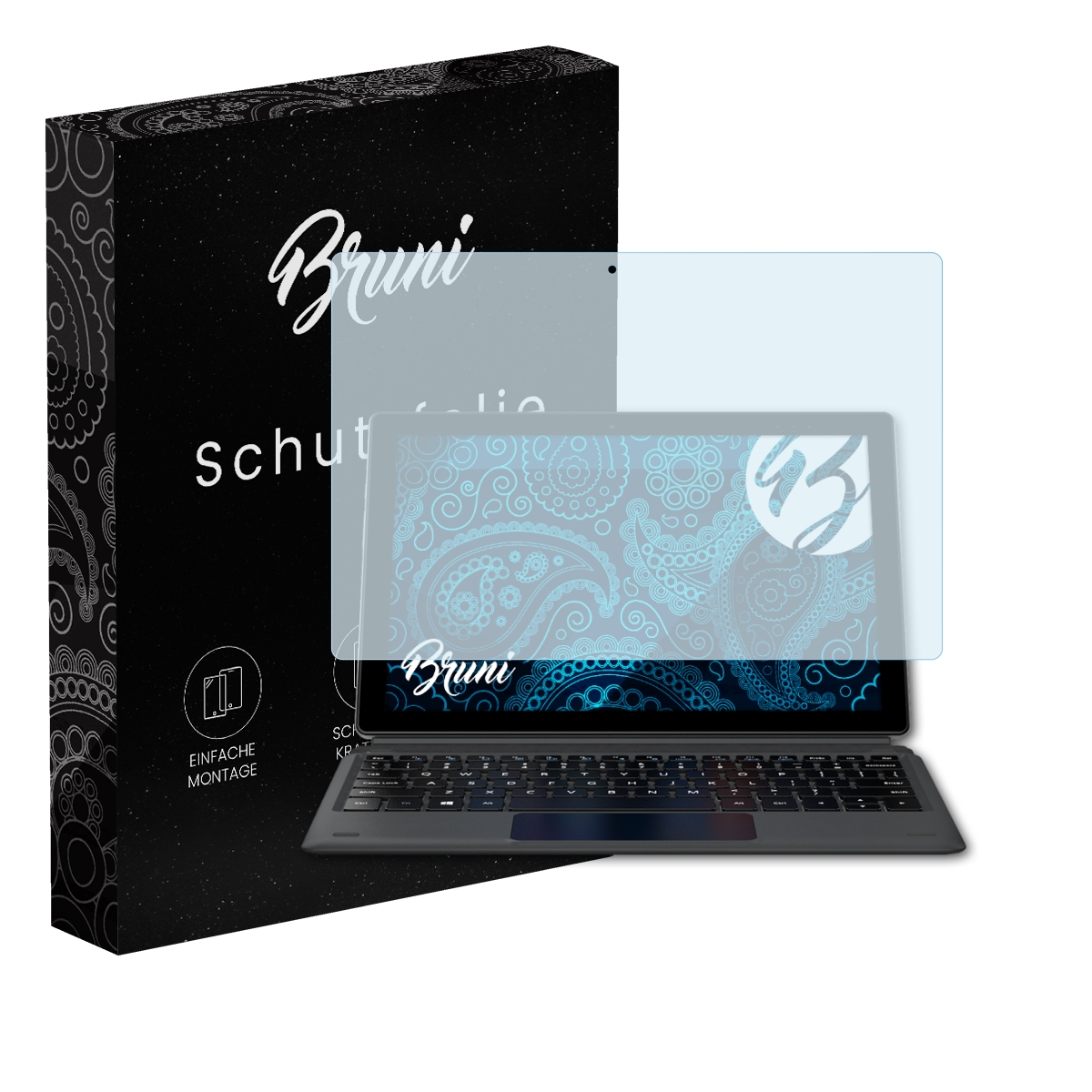 Ein Tablet und ein Displayschutz sind abgebildet. Links ist eine Schachtel mit dem Text 'Bruni Schutzfolie'.