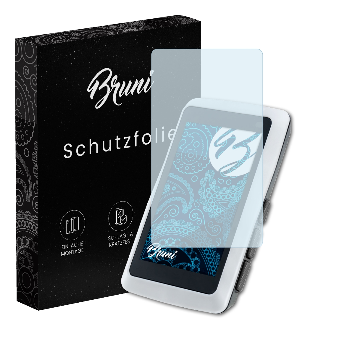 Schwarze Box und Telefon mit Displayschutzfolie. Der Bildschirm zeigt Paisley-Muster. Text: Bruni.