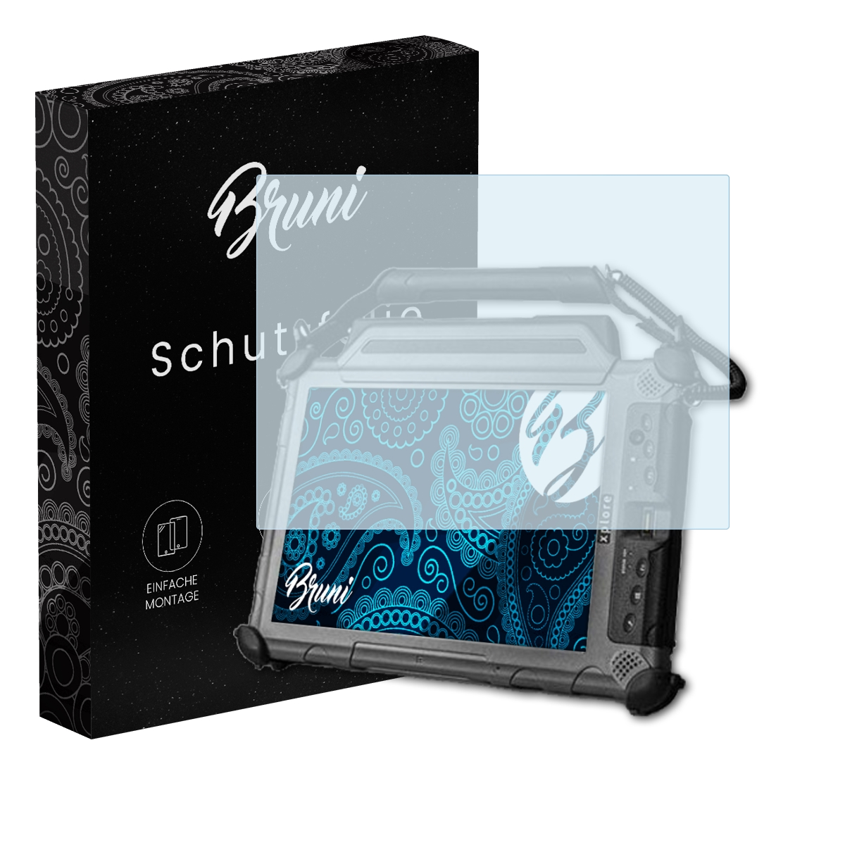 Ein Displayschutz auf einem Tablet, dahinter eine Schachtel. Auf der Schachtel steht 'Bruni Schutzfolie'.