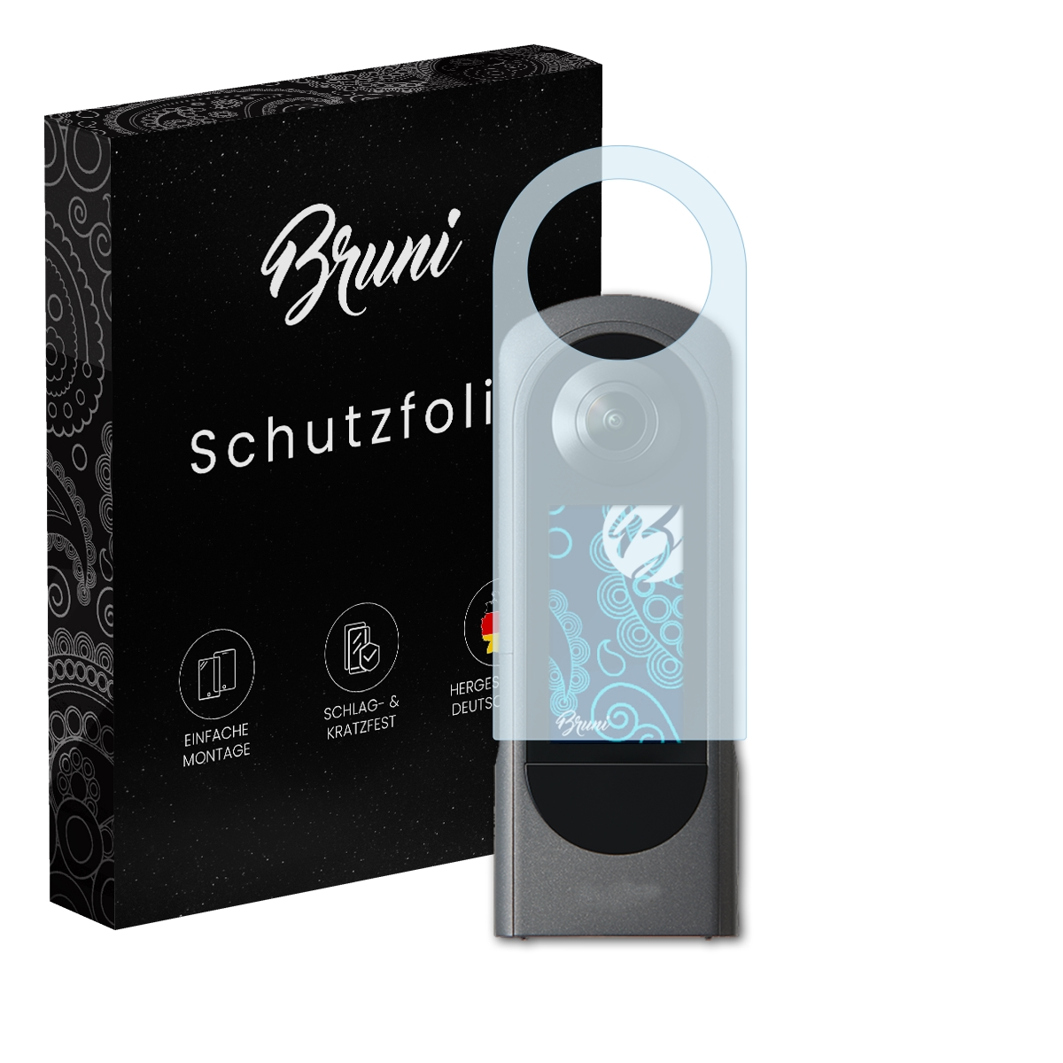 Eine Produktbox und eine Displayschutzfolie, beide mit dem Bruni-Logo, auf weißem Hintergrund.