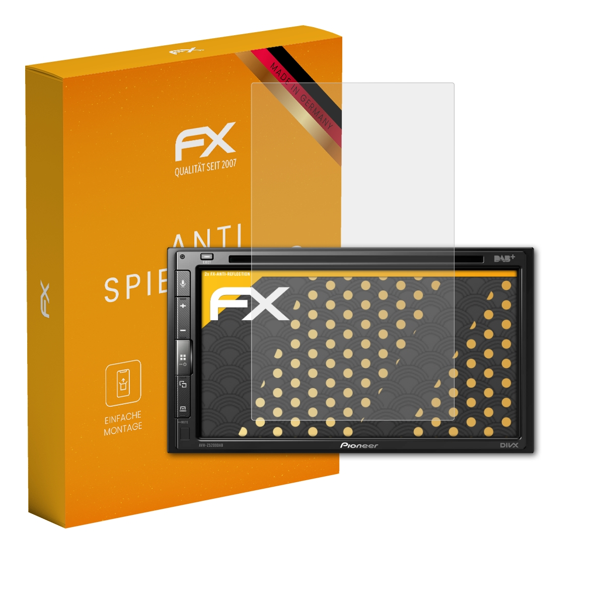 Ein Gerät mit Displayschutzfolie neben einer orangefarbenen Box mit Text.