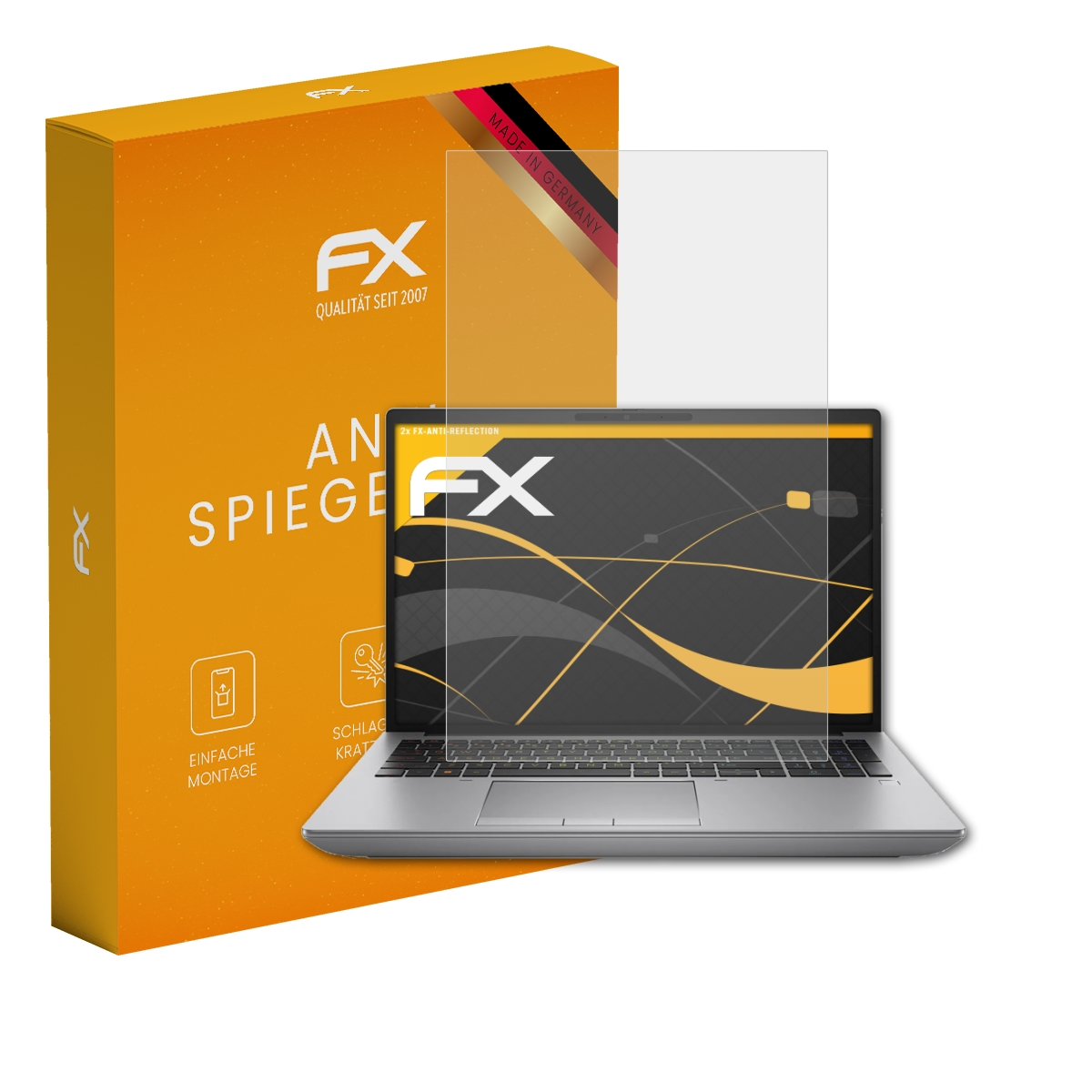 Ein Laptop mit Displayschutz, orangefarbene Box mit Text und Logo, und weißer Hintergrund.