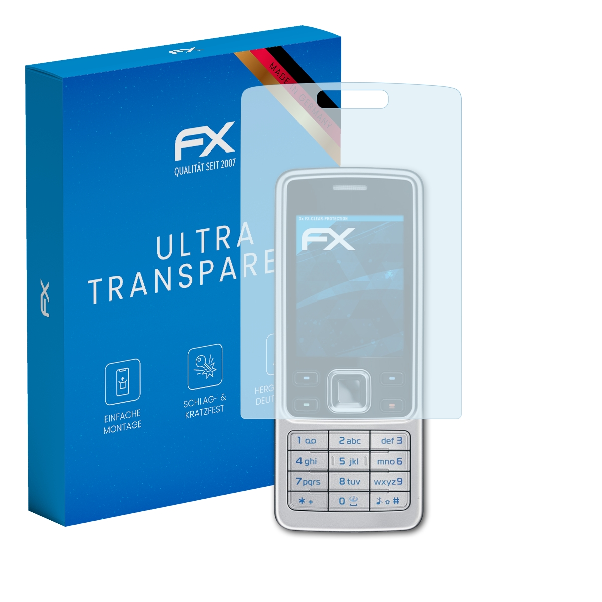 Silbernes Telefon mit Displayschutz und blauer Box. Der Schutz ist vor dem Telefonbildschirm.