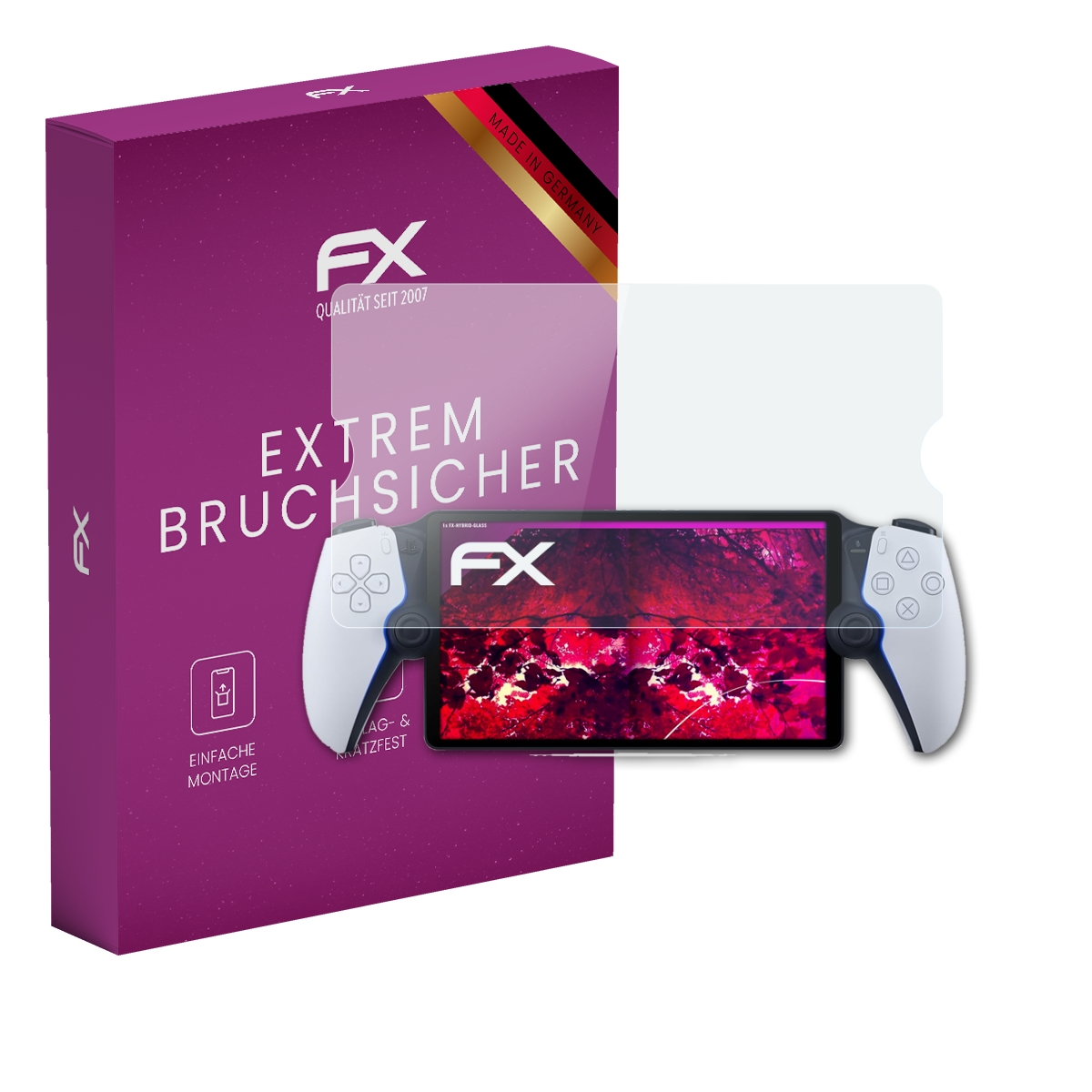 Gamecontroller mit Displayschutz und lila Box. Der Schutz ist vor dem Controller-Bildschirm.