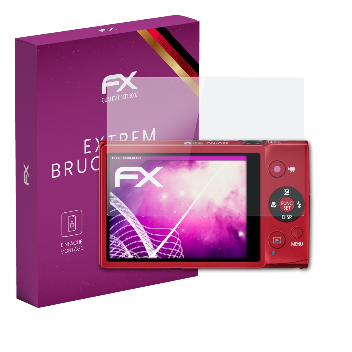 Digitalkamera mit Displayschutz. Box links sagt 'EXTREM BRUCHSICH' und FX-Logo.