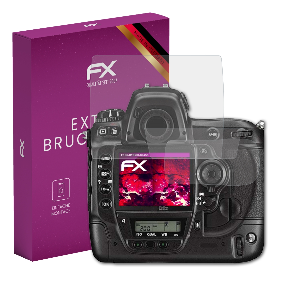 Kamera mit Displayschutz und FX Extrems-Box, Made in Germany.
