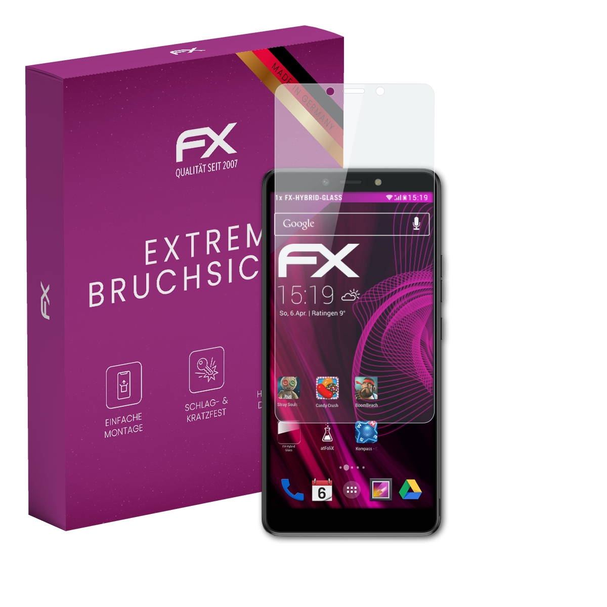 Ein Smartphone mit Bildschirmschutz neben einer lila Schachtel mit der Aufschrift FX.