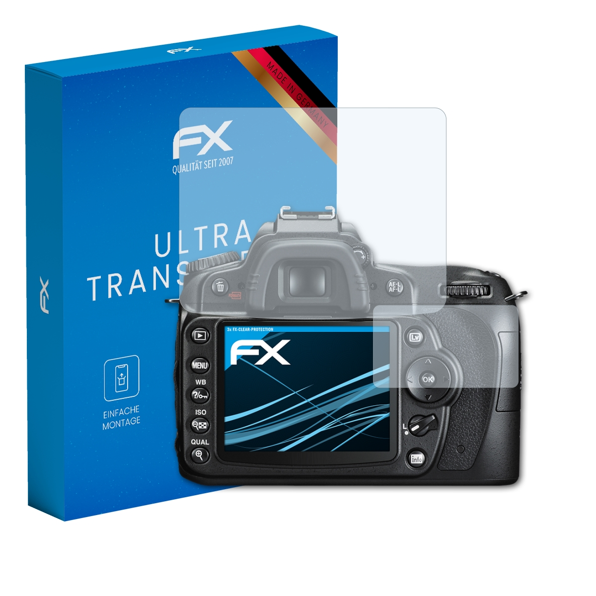 Eine Kamera mit Displayschutz und eine Schachtel mit FX-Branding.