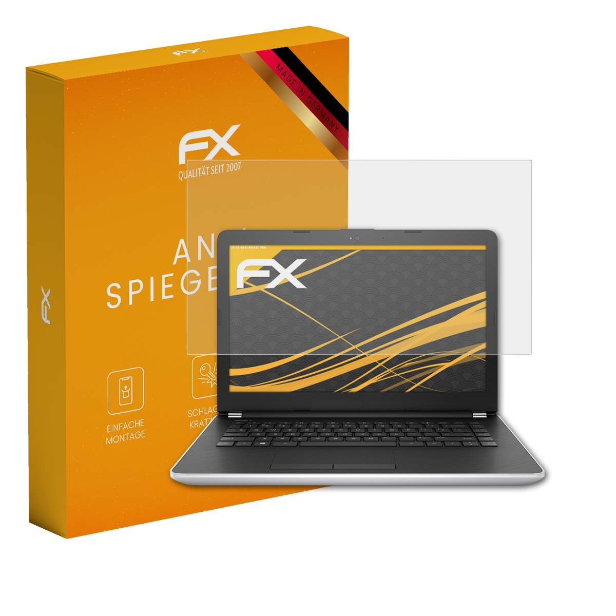 Ein Laptop mit Displayschutzfolie wird neben einer orangefarbenen Box mit Anti-Glare-Text angezeigt.